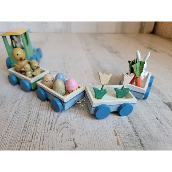 Vintage mini wooden bunny Easter train chick set unique decor - Picture 9 of 11